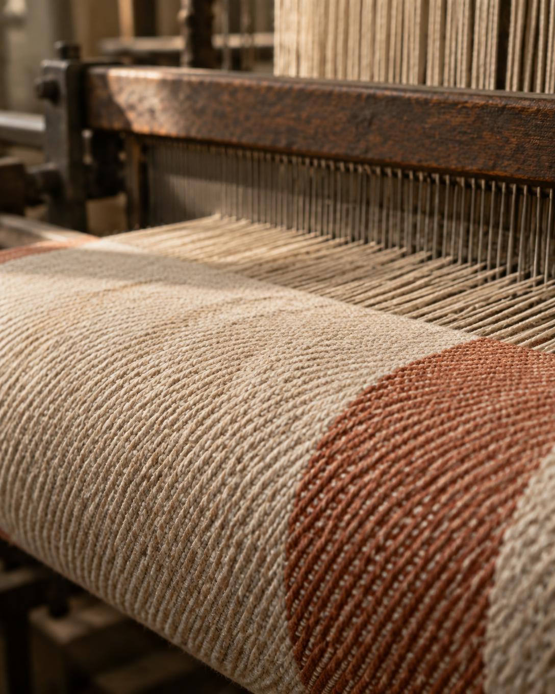 Raw woven cotton twill on a mill loom